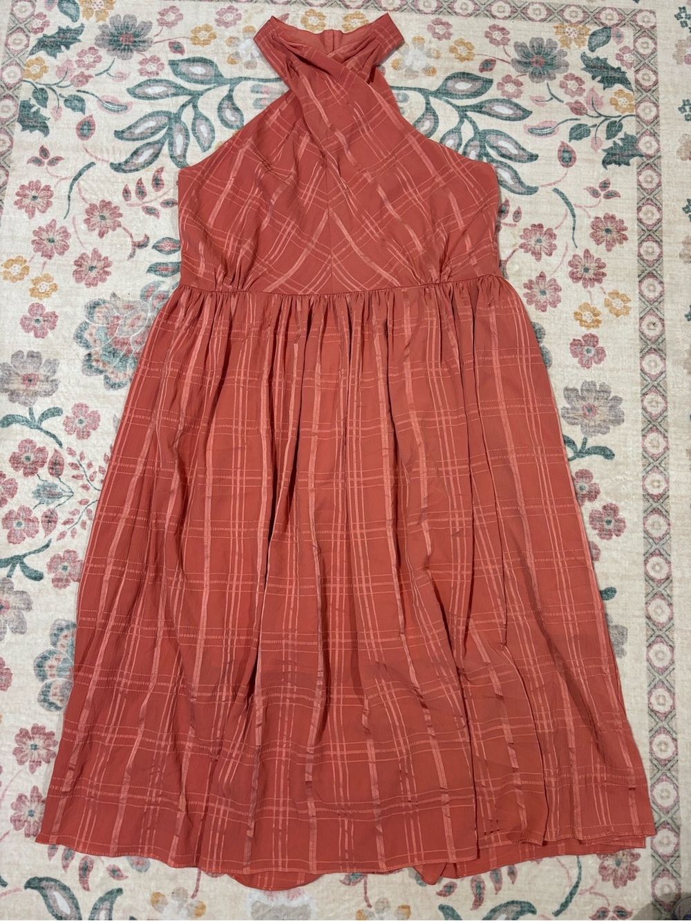 Gal Meets Glam Plaid cross neck Halter Midi Dress coral/rust